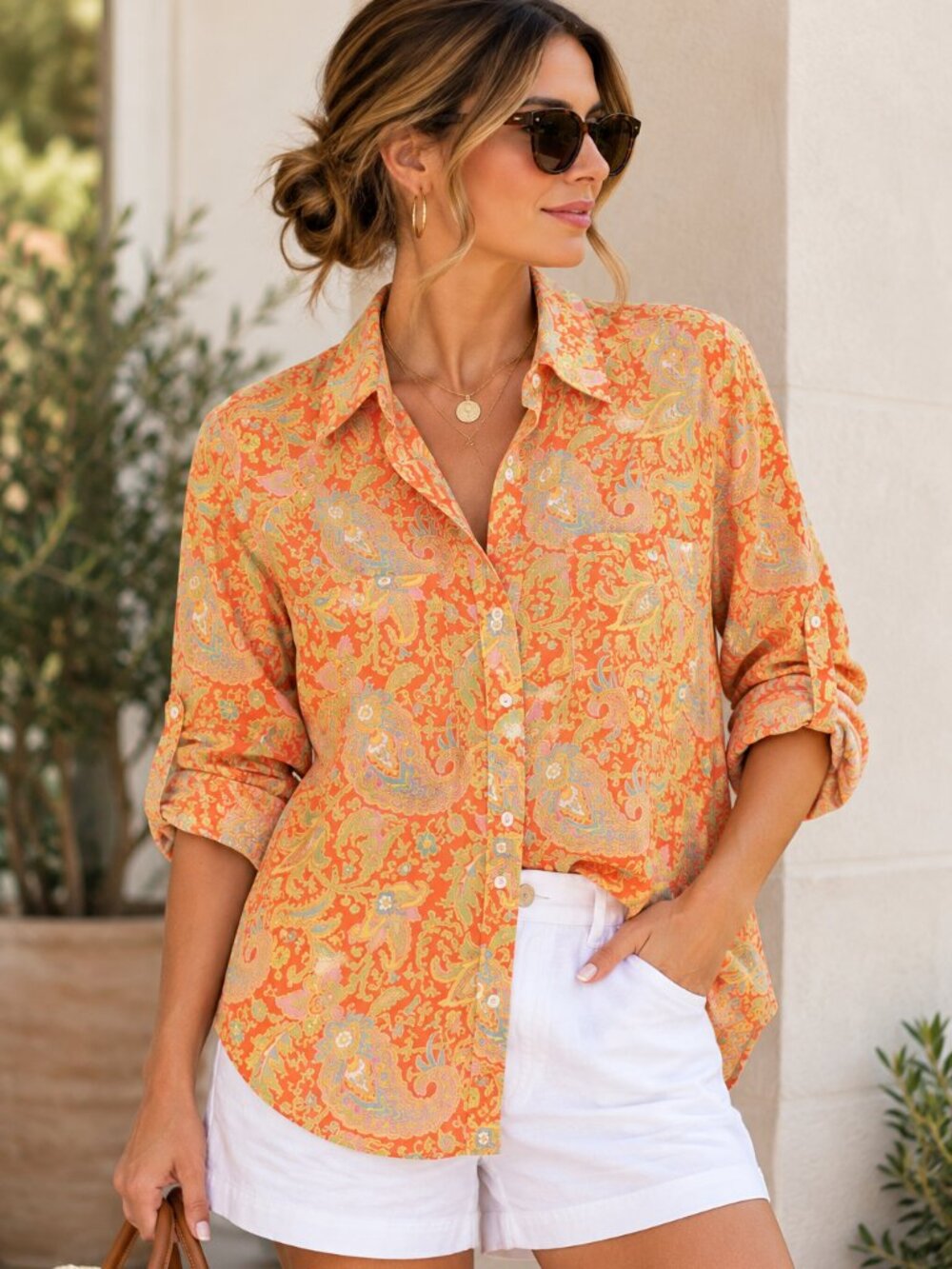 Lauren Ralph Lauren Orange Paisley Button Down Shirt Medium 100% Cotton Boho Res
